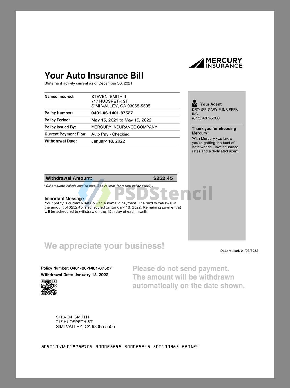USA California Mercury Auto Insurance Bill美国水星车辆保险账单pdf模板