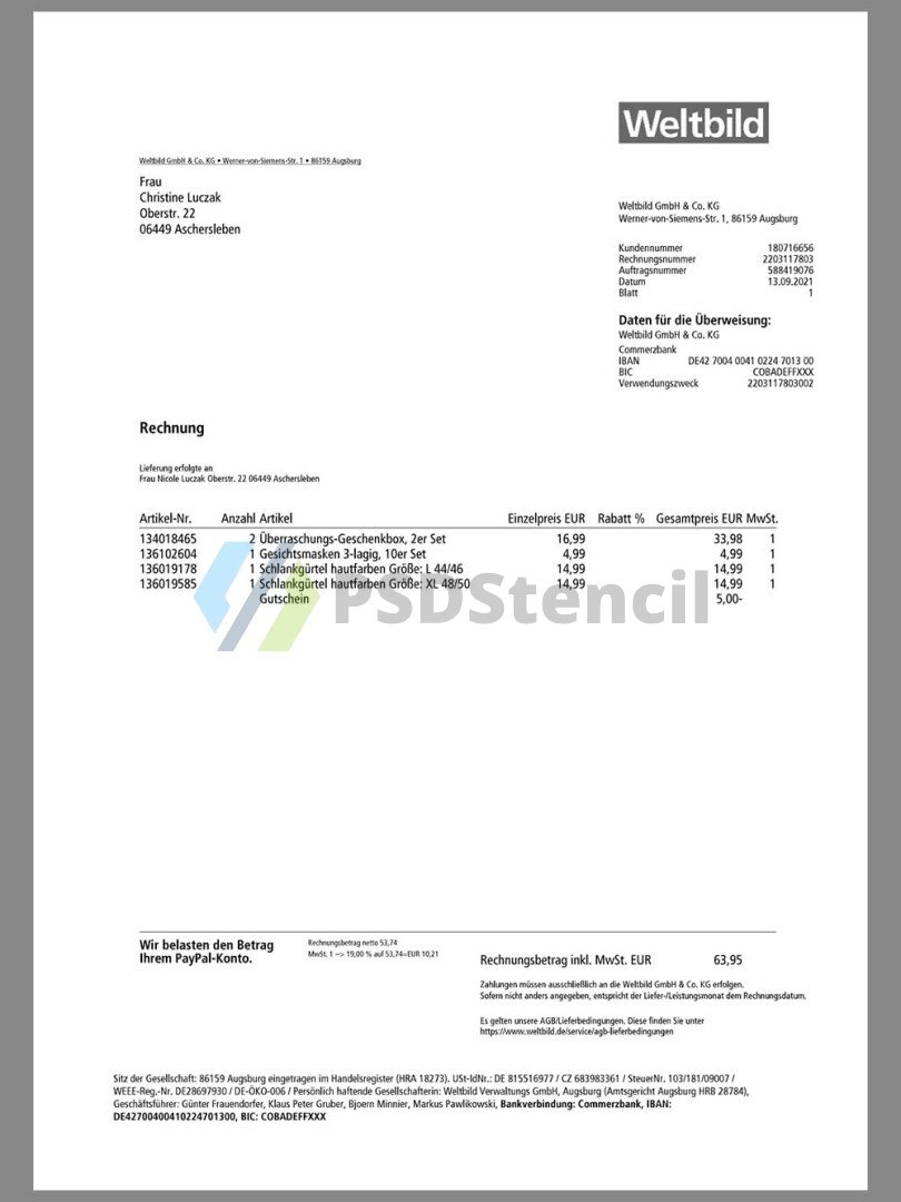 欧盟|Germany Weltbild Buy Invoice德国/奥地利购物账单/KYC地址证明pdf模板