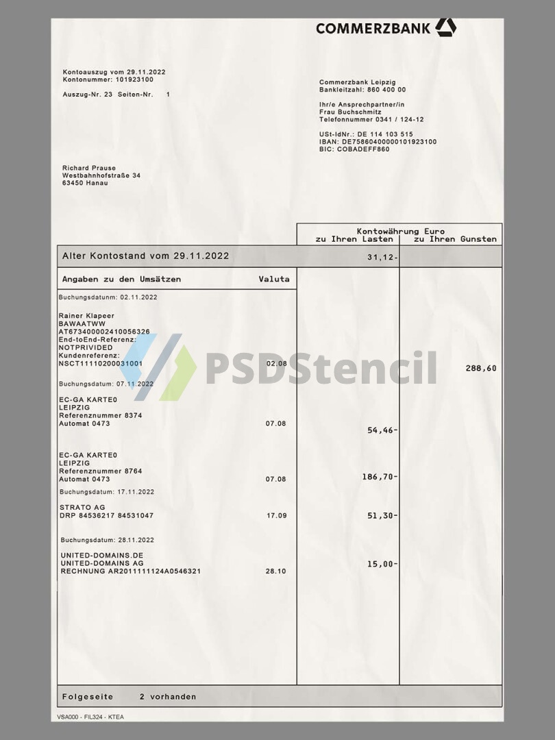 CommerzBank Statement德国商业银行账单/KYC地址证明psd/ps模板
