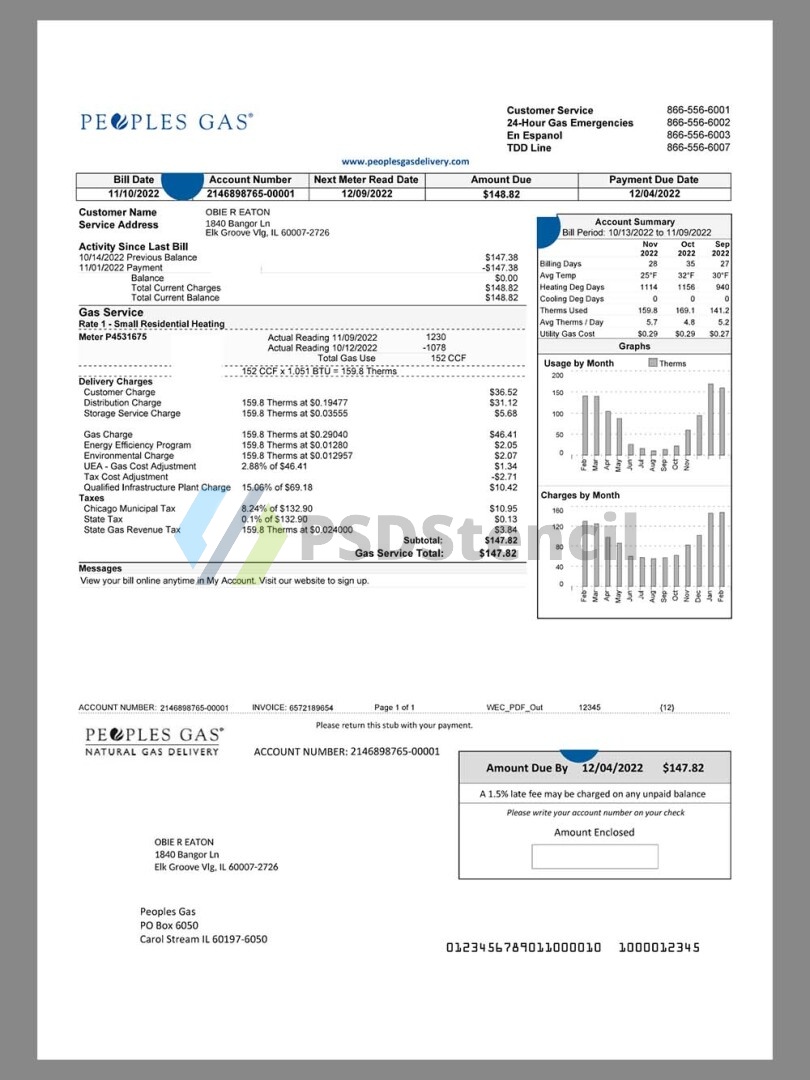 北美|USA Illinois Peoples Gas Utility Bills美国伊利诺伊州水电费账单word/pdf模板