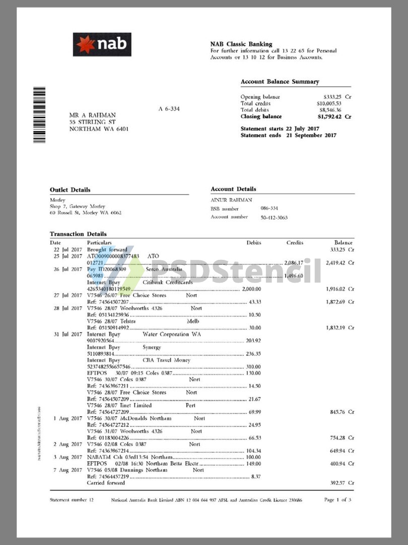 澳大利亚National Australia Bank Statement银行账单/KYC地址证明pdf模板