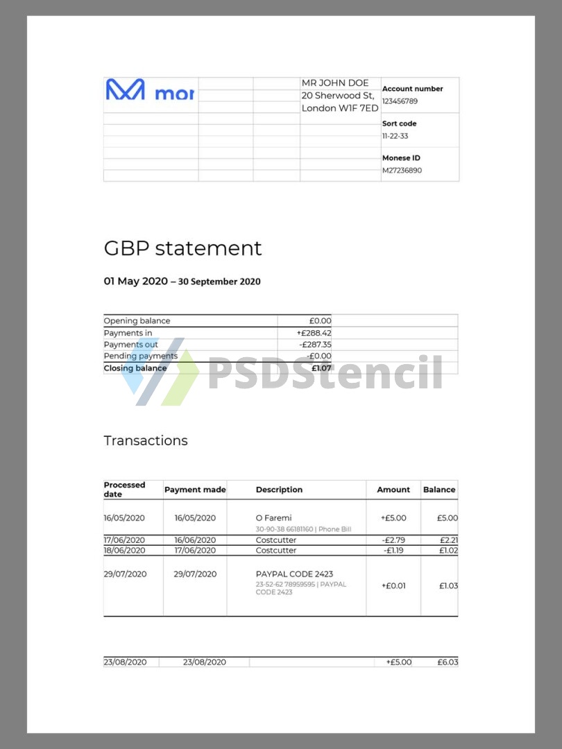 欧洲|英国Monese Bank Statement银行账单/KYC地址证明word模板
