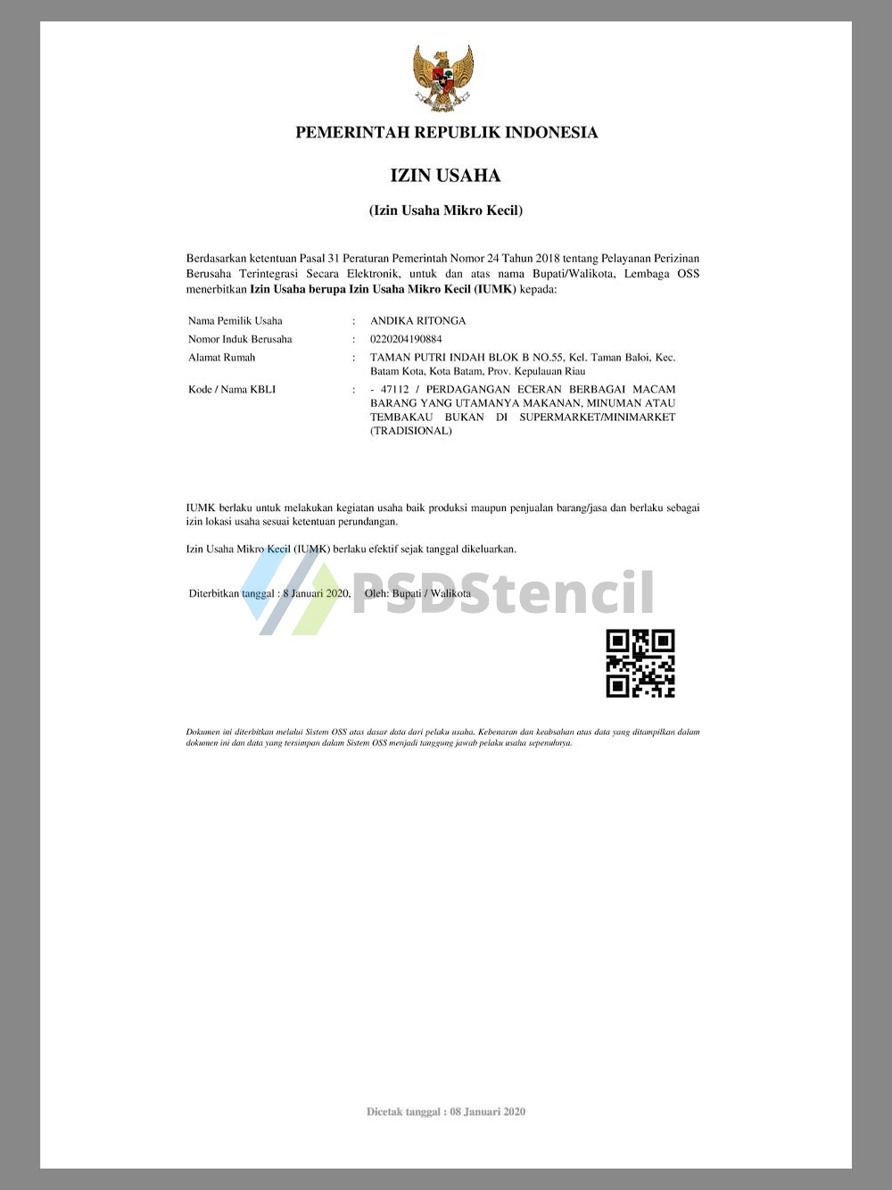 东南亚|Indonesia Micro Company Certificate印度尼西亚小微企业营业执照PDF模板