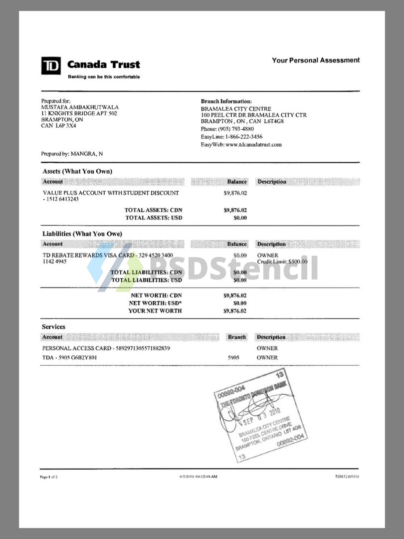加拿大Canada Trust Bank Statement银行账单/KYC地址证明pdf模板