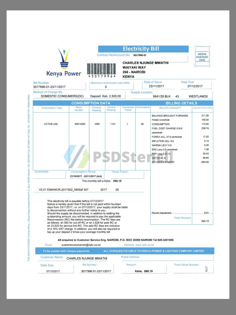 非洲| Kenya Power Electricity Utility Bill肯尼亚水电费账单pdf模板