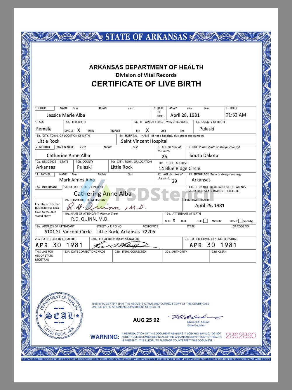 USA Arkansas Birth Certificate Template美国阿肯色州出生证明word模板