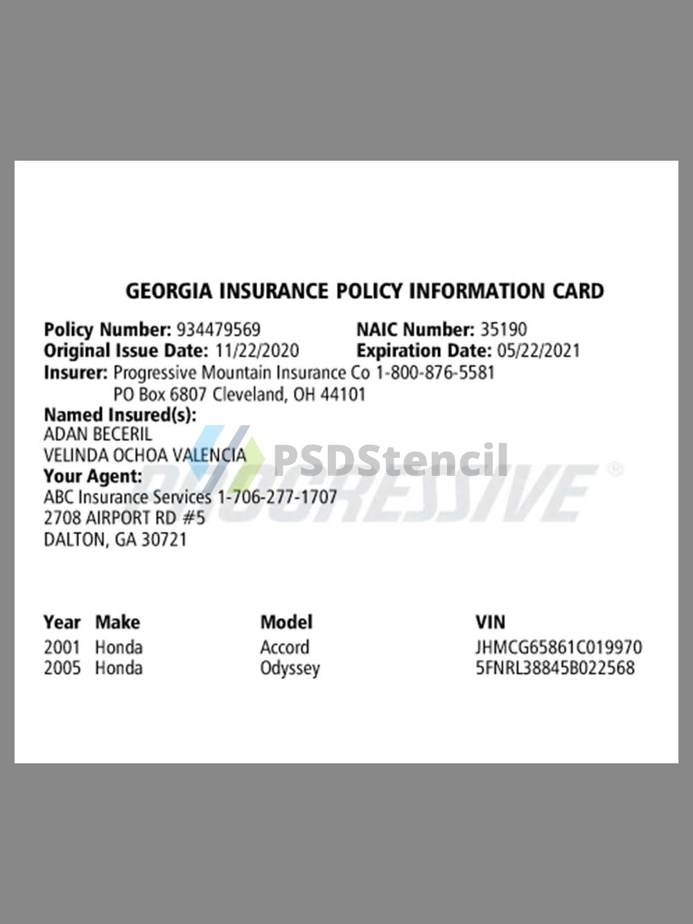 USA Georgia Auto Insurance Policy Infomation Card美国乔治亚州车辆保险政策信息卡pdf模板