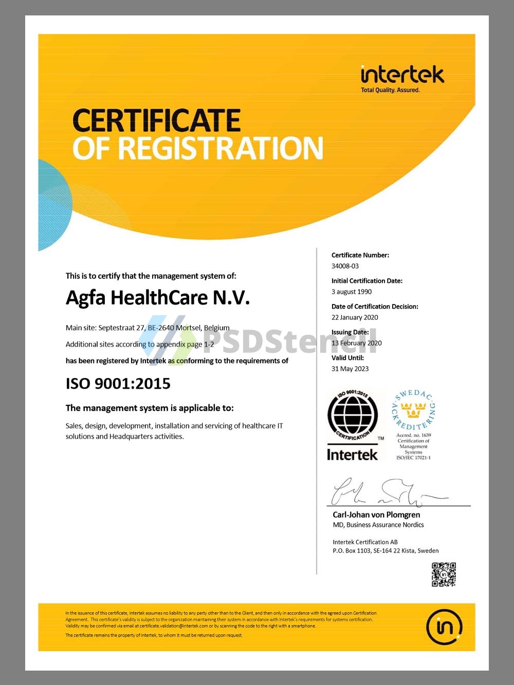 Intertek Certificate of Registration(ISO 9001)英特泰克认证质量管理体系认证证书pdf模板