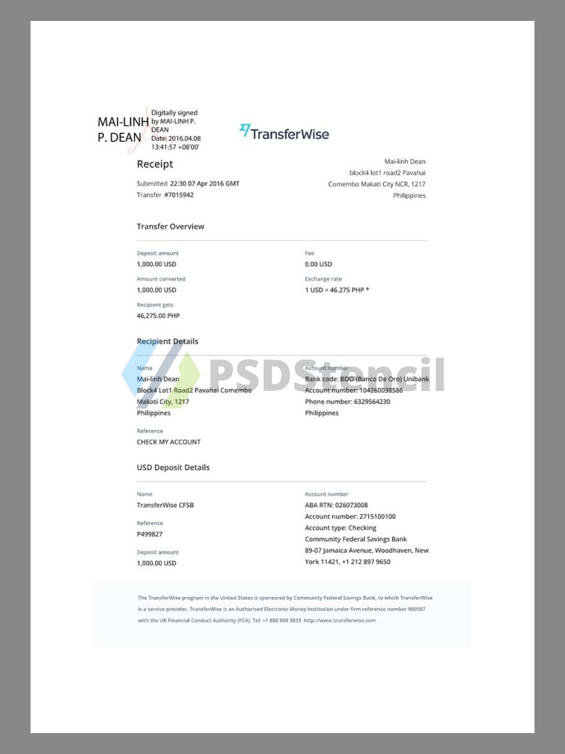 Transferwise/Wise Receipt Statement银行账单/KYC地址证明pdf模板