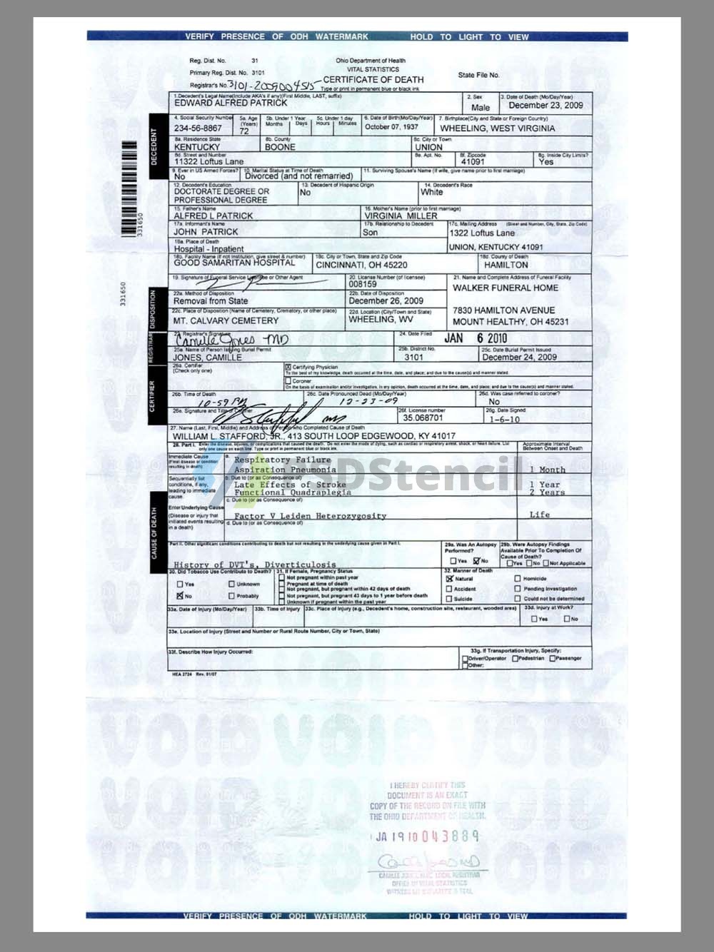USA Ohio Death Certificate美国俄亥俄州死亡证明pdf模板