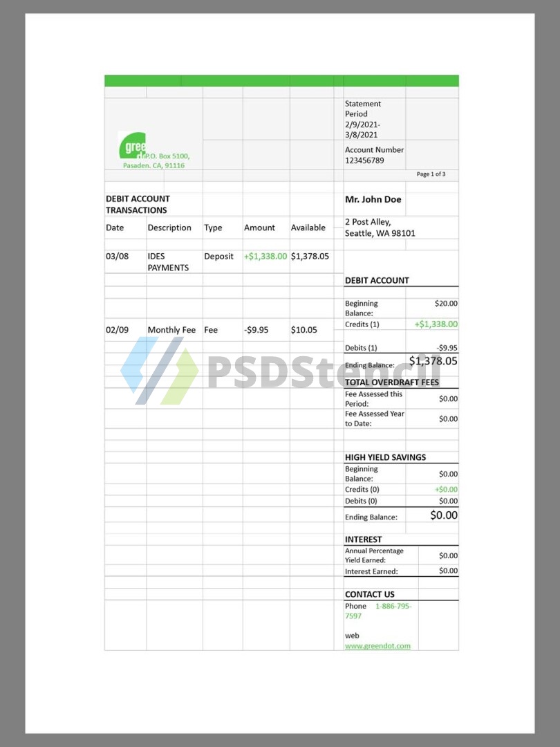 美国Green Dot Bank Statement银行账单/KYC地址证明word模板