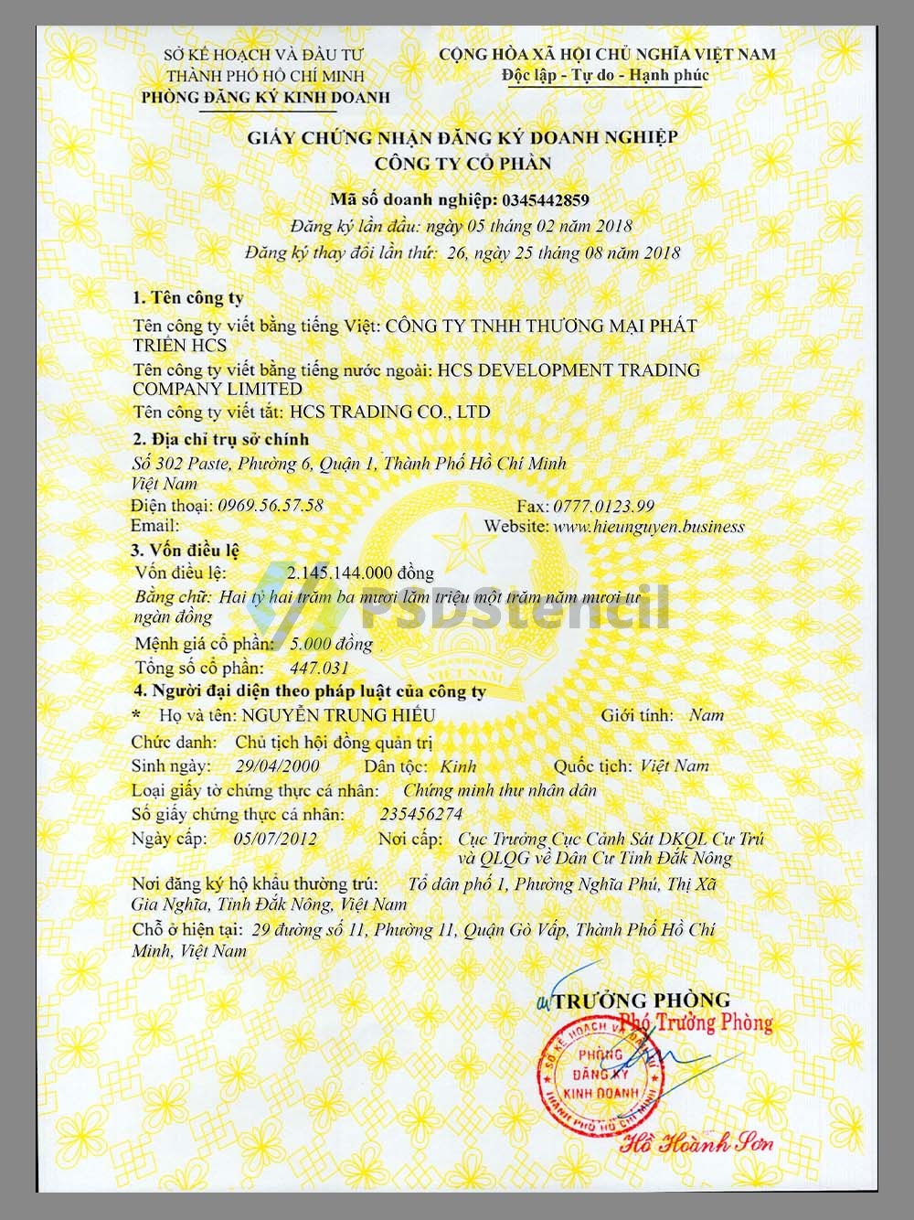 Vietnam Company Certificate Template越南公司营业执照PS/PSD模板(高清版)