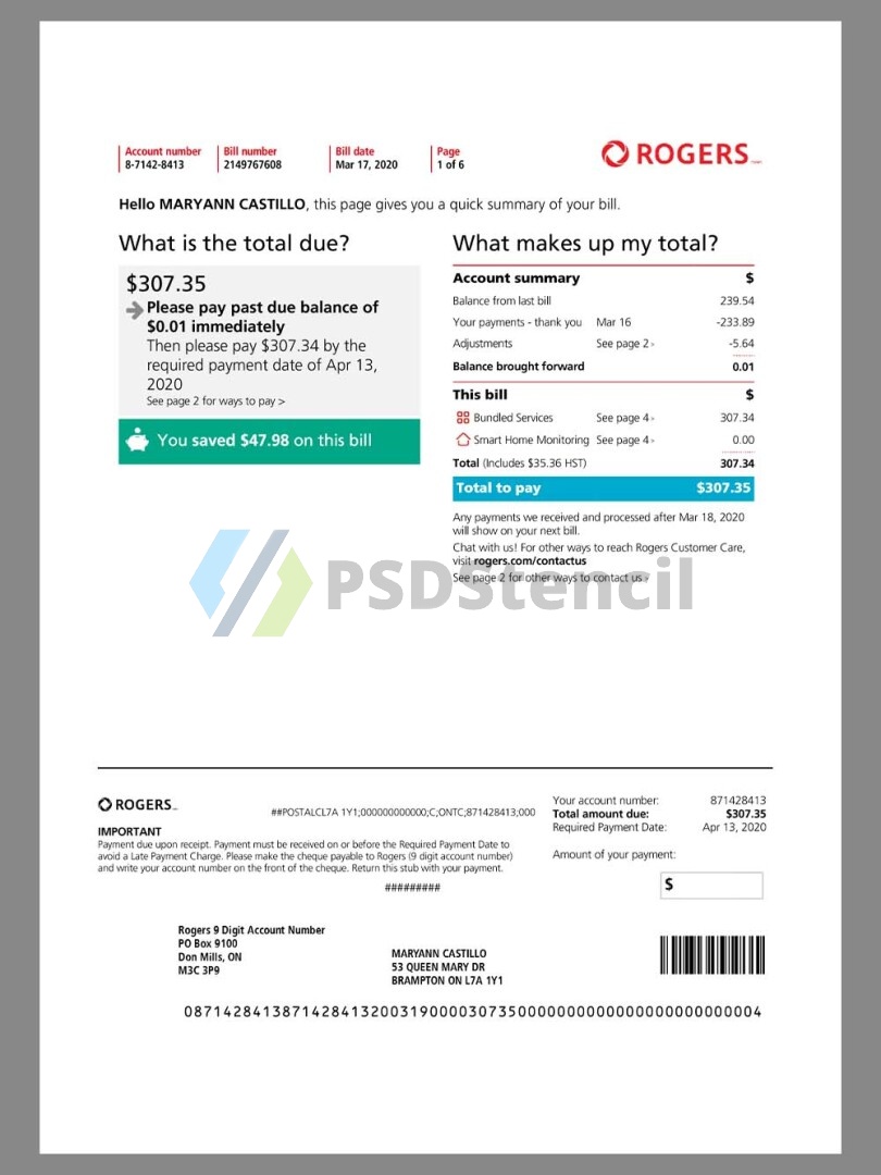 北美|Canada Rogers Telecom Utility Bills加拿大话费水电费账单word/pdf模板
