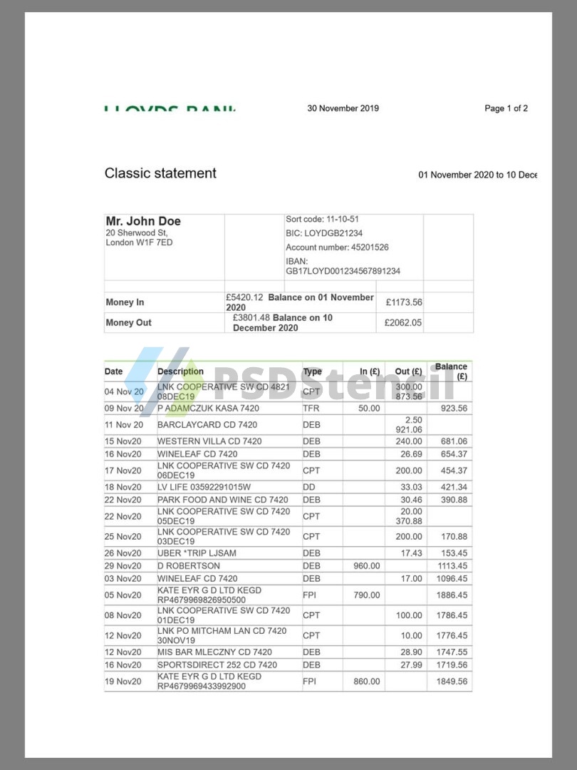 英国UK|USA Lloyds Bank Statement银行账单/KYC地址证明word模板