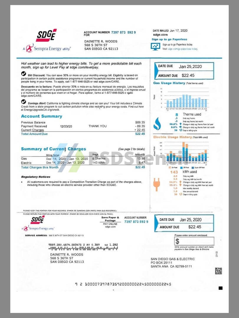 USA SDGE(Sempra Energy) Utility Bills美国水电费账单word/pdf模板