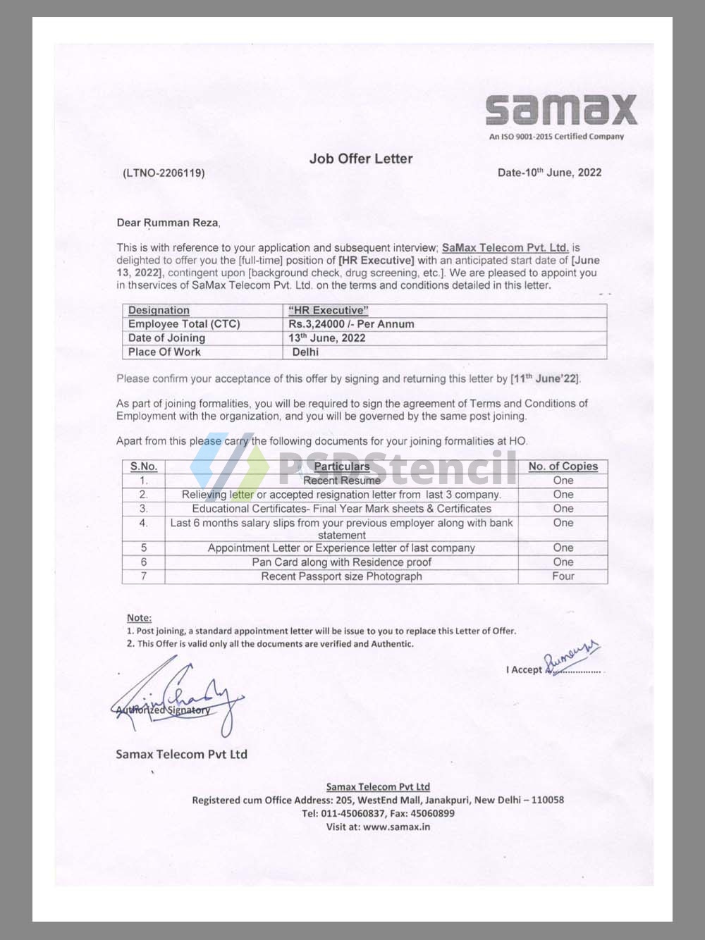 India Samax Telecom Job Offer Letter印度工作邀请函PDF模板