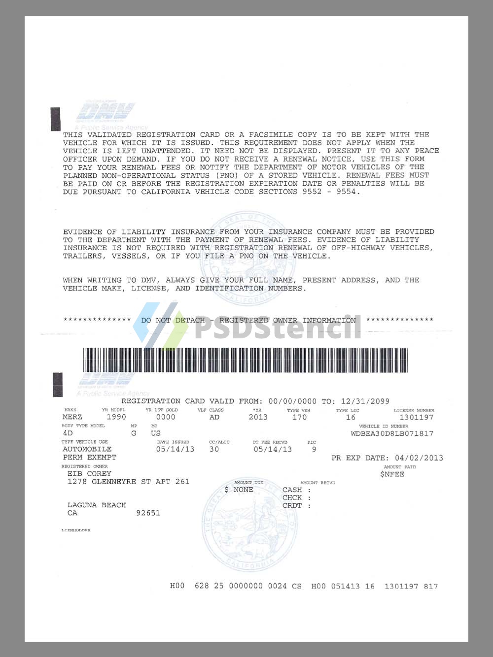 USA California Vehicle Validated Registration Card美国加州机动车辆验证登记卡pdf模板
