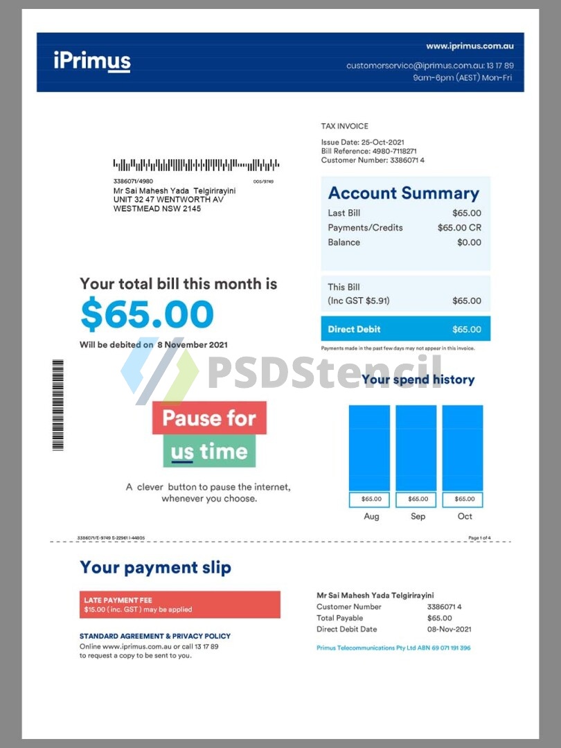澳洲|Australia Iprimus澳大利亚话费账单/水电费账单word/pdf模板