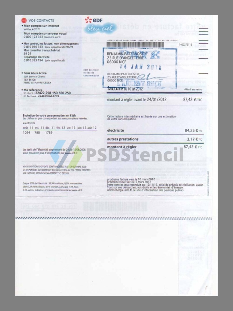 欧盟|法国France EDF Utility Bills水电费账单/KYC地址证明psd模板