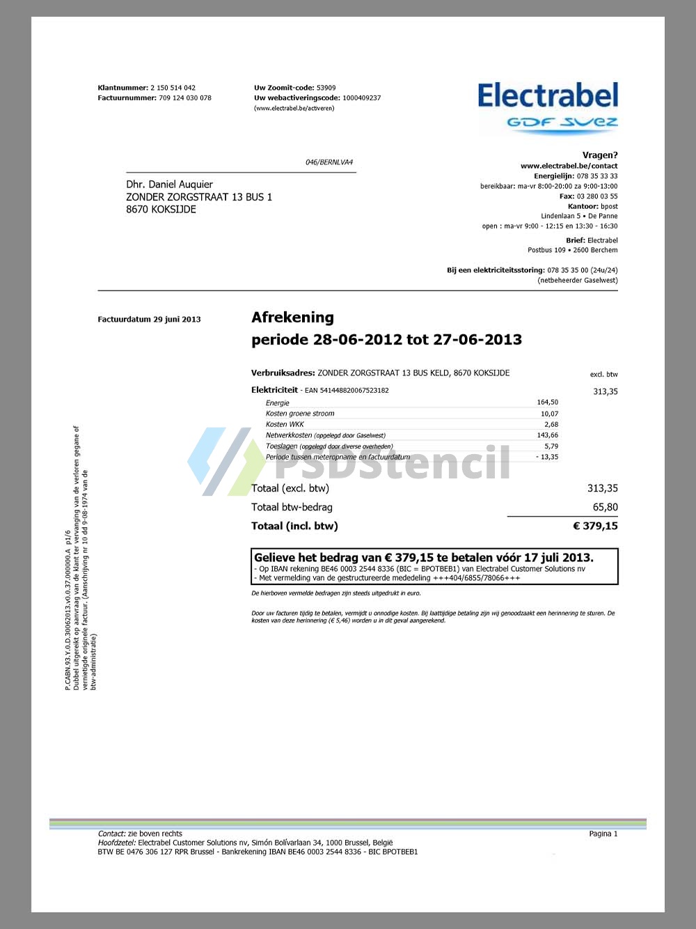欧盟|Belgium Electrable Utility Bills比利时水电费账单/KYC地址证明pdf模板
