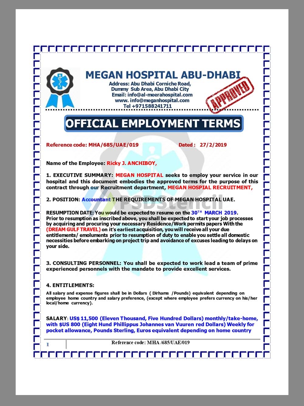 UAE Megan Hospital Job Offer Letter阿联酋医院工作邀请函PDF模板