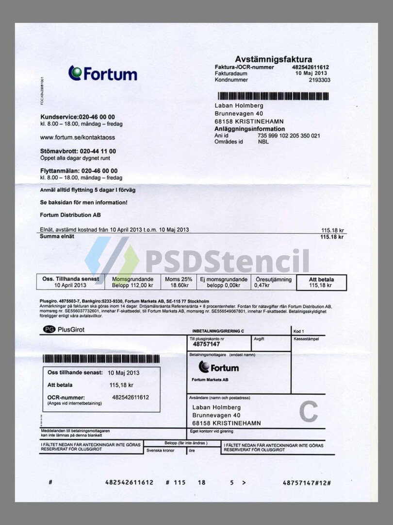 北欧|芬兰Finland Fortum Energy Utility Bills水电费账单/KYC地址证明psd模板