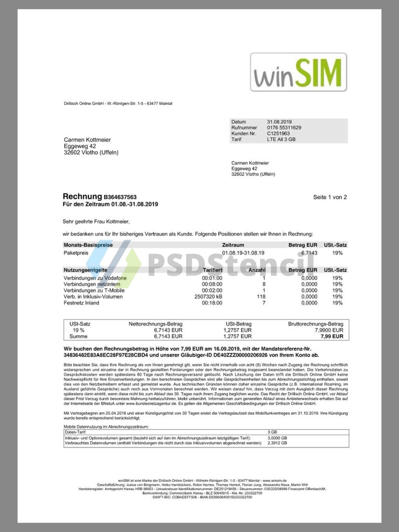 欧盟|Germany WinSIM Mobile Invoice德国话费账单/KYC地址证明pdf模板