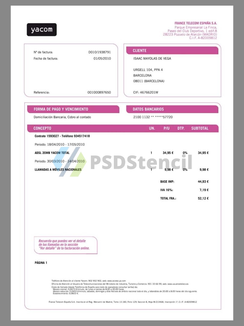 欧盟|Spain Orange España Telecom Utility Bills西班牙话费账单/地址证明pdf模板