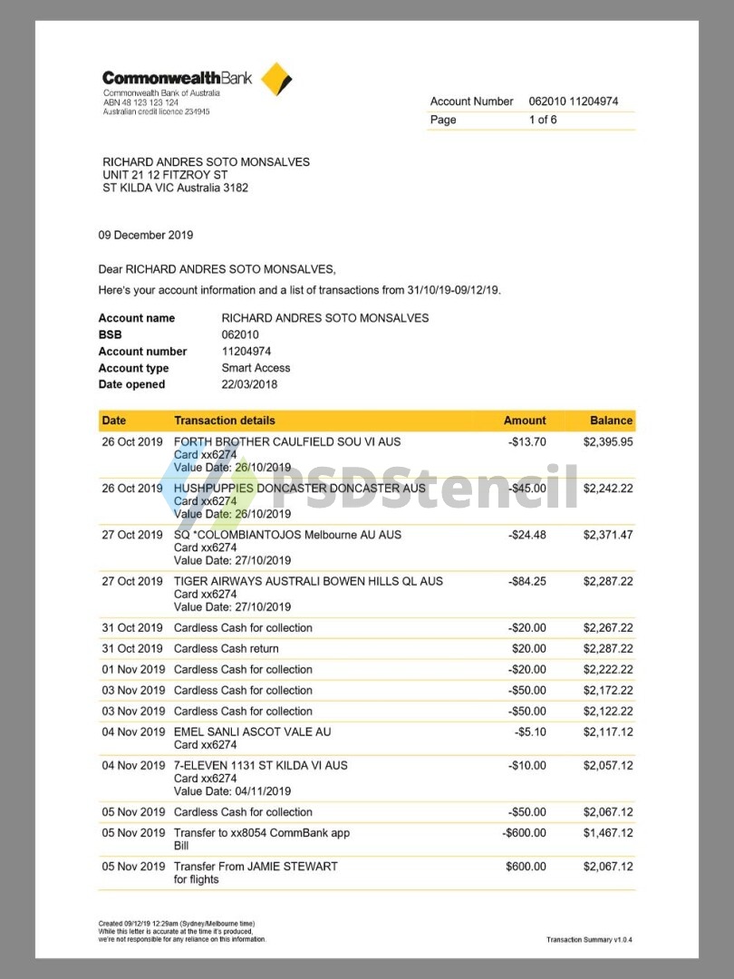 澳大利亚联邦银行Commonwealth Bank Statement V2银行账单/KYC地址证明word/pdf模板