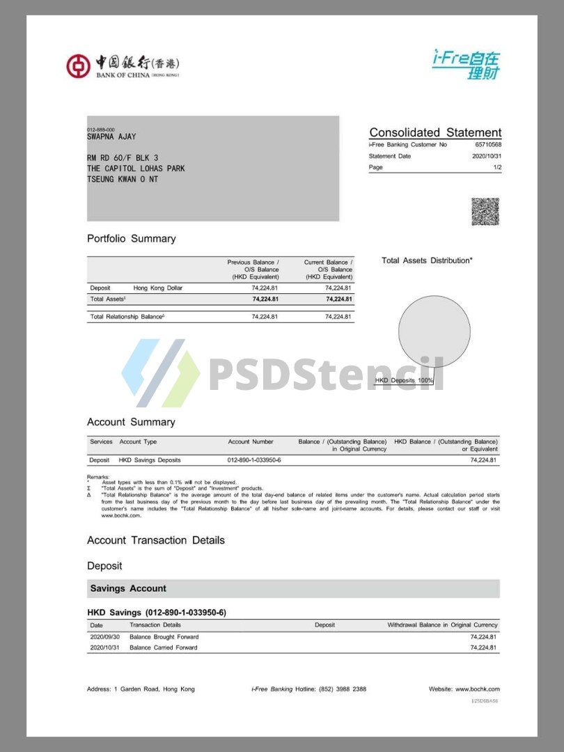 Hong Kong Bank Of China Statement香港中国银行账单/KYC地址证明pdf模板