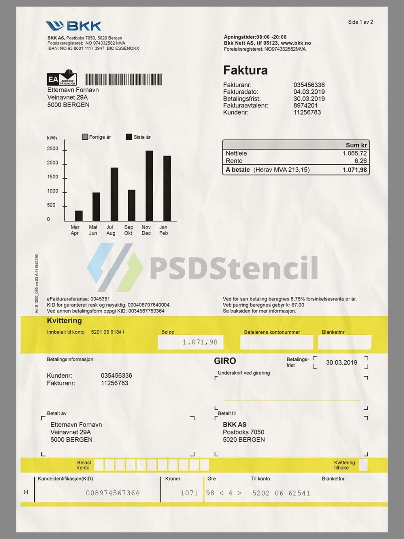 欧盟|北欧Norway BKK Utility Bills挪威水电费账单/KYC地址证明PS/PSD模板