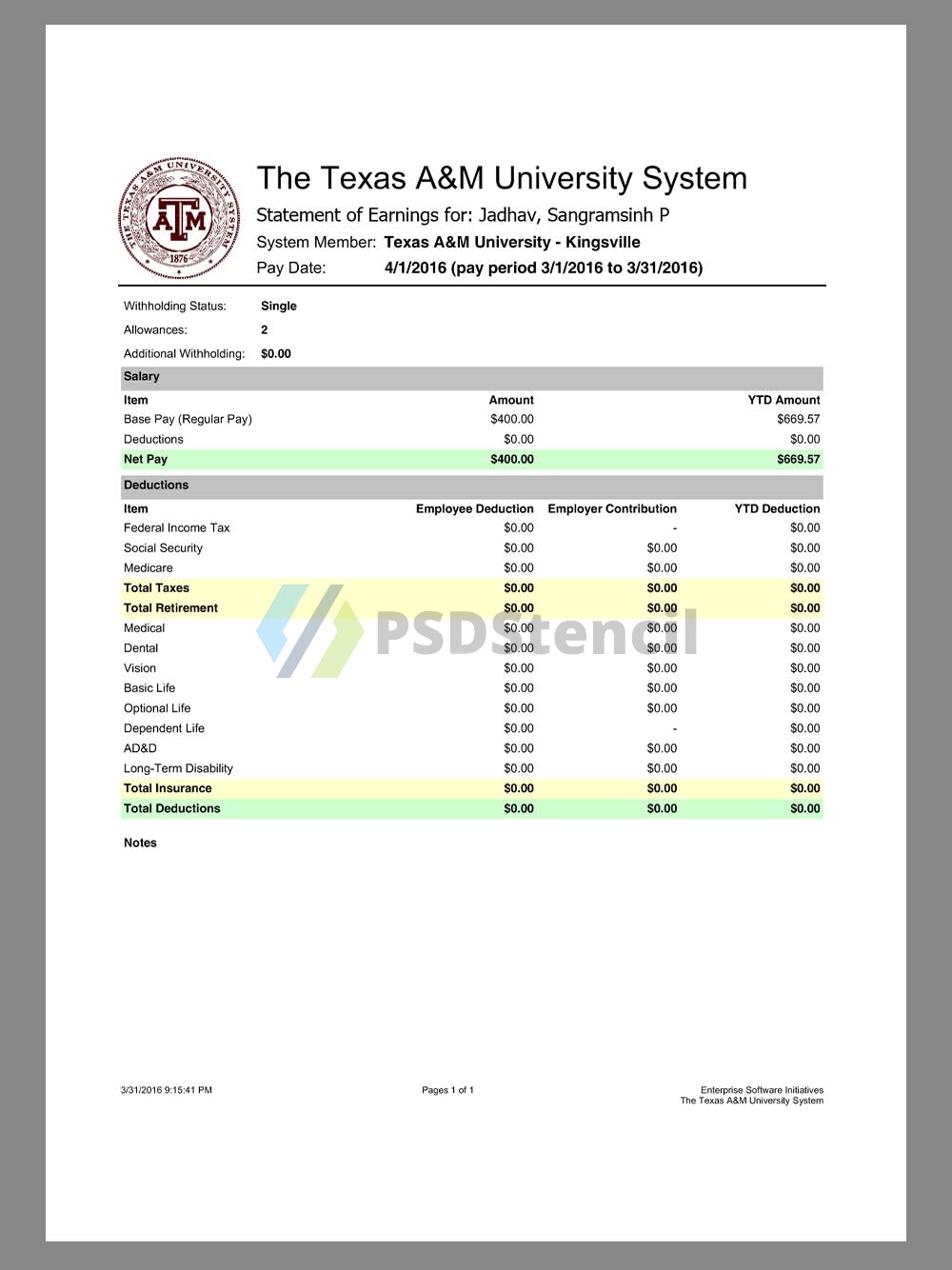 The Texas A&M University Paystub美国大学教授收入证明/工资账单PDF模板