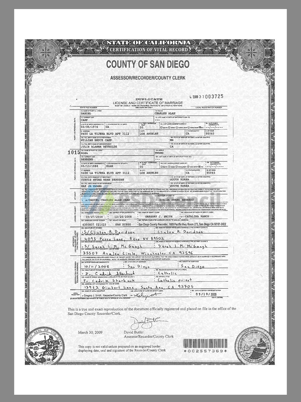 USA California San Diego Marriage Certificate美国加州圣迭戈结婚证pdf模板