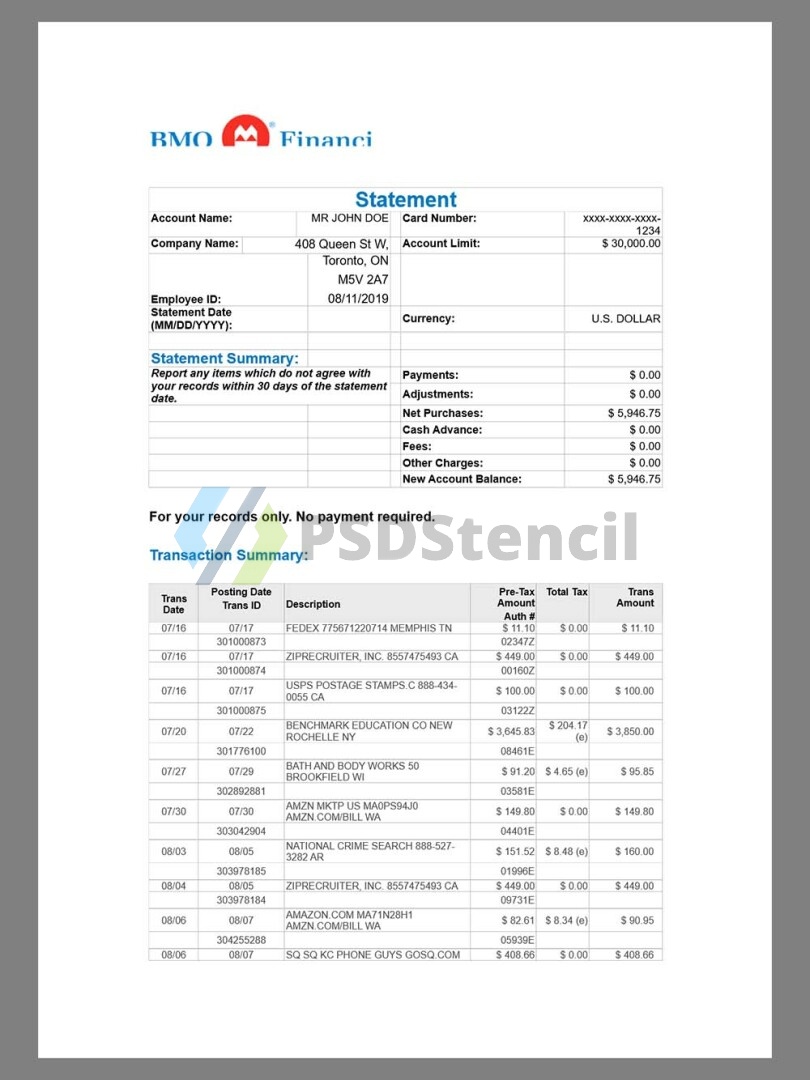 BMO Bank Statement银行账单/KYC地址证明word模板