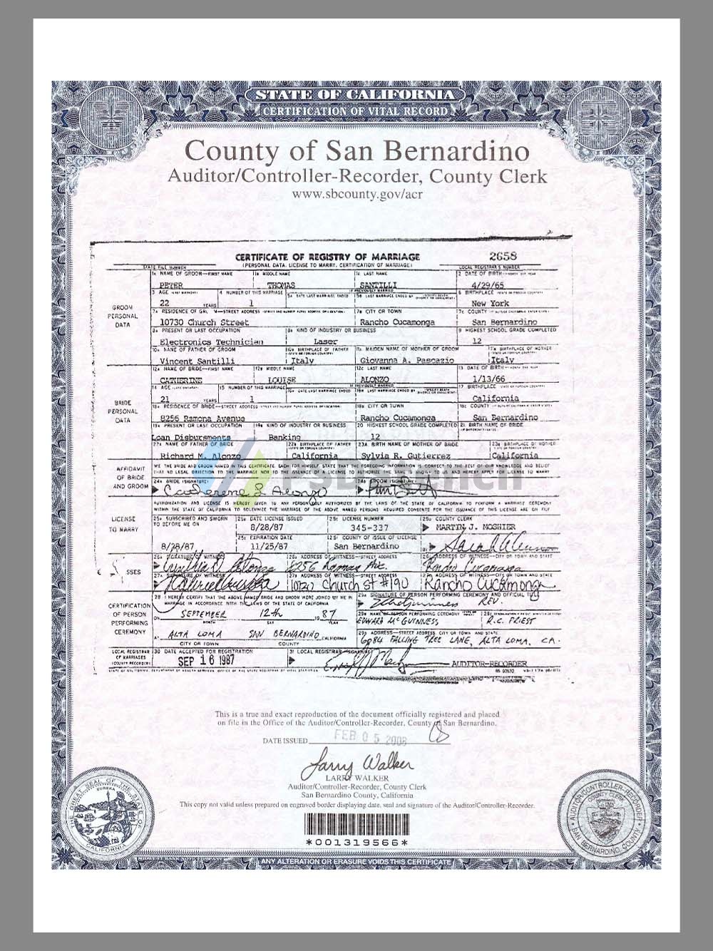 USA California Marriage Certificate美国加州结婚证PDF模板（V2）