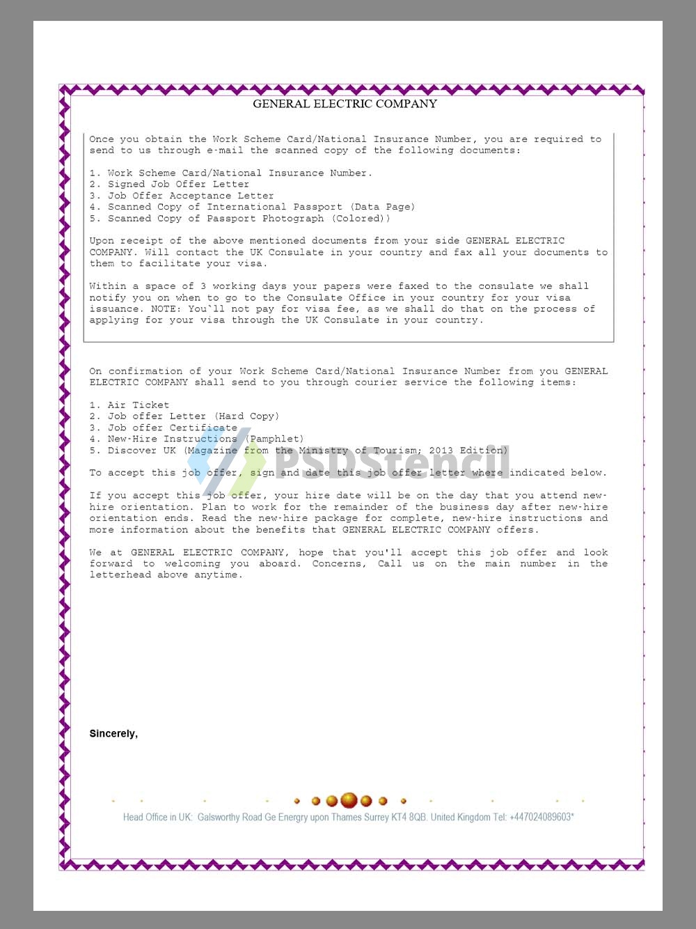 General Electric Company Job Offer Letter通用电气工作邀请函Word模板