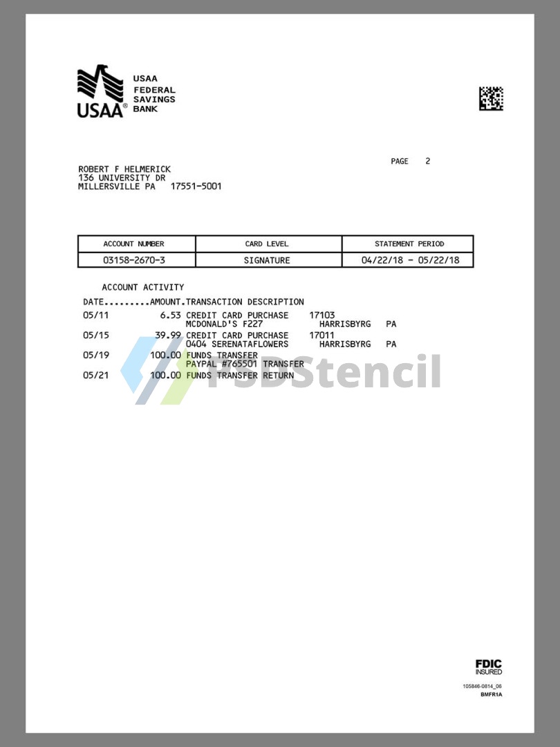 北美|美国USAA Bank Statement银行账单/KYC地址证明word模板 V2
