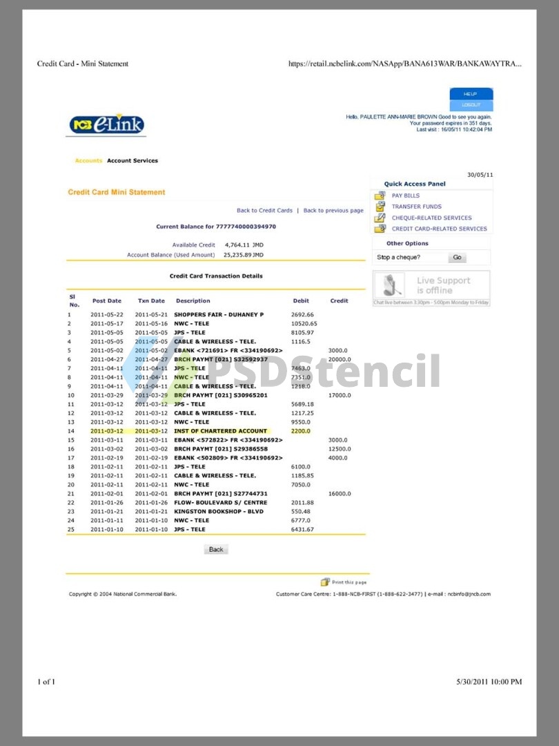中美|牙买加Jamaica Ncbelink Credit Card Mini Statement银行账单/KYC地址证明pdf/word模板