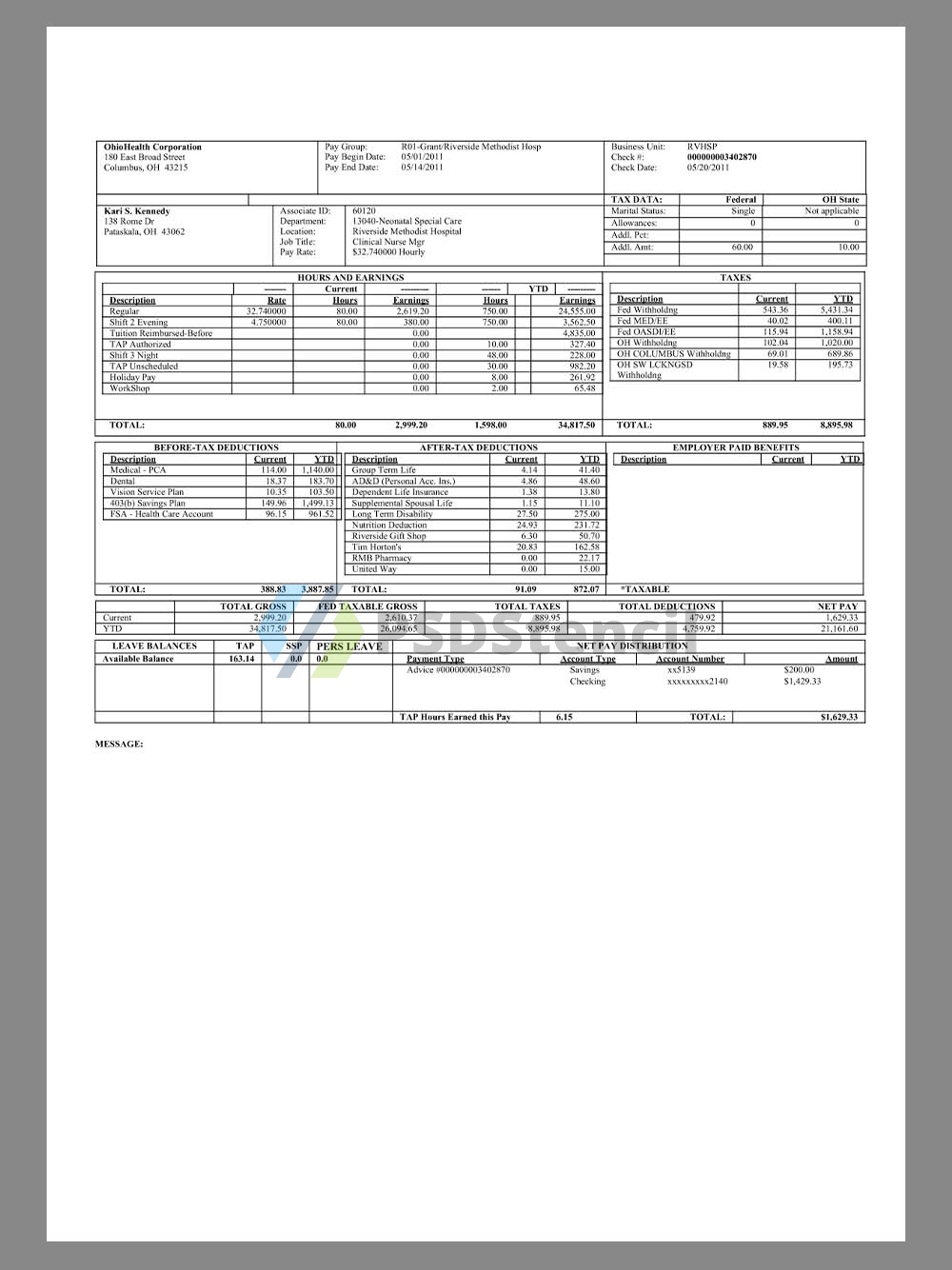 USA OhioHealth Corporation Paystub美国俄亥俄医院收入证明/工资账单PDF模板