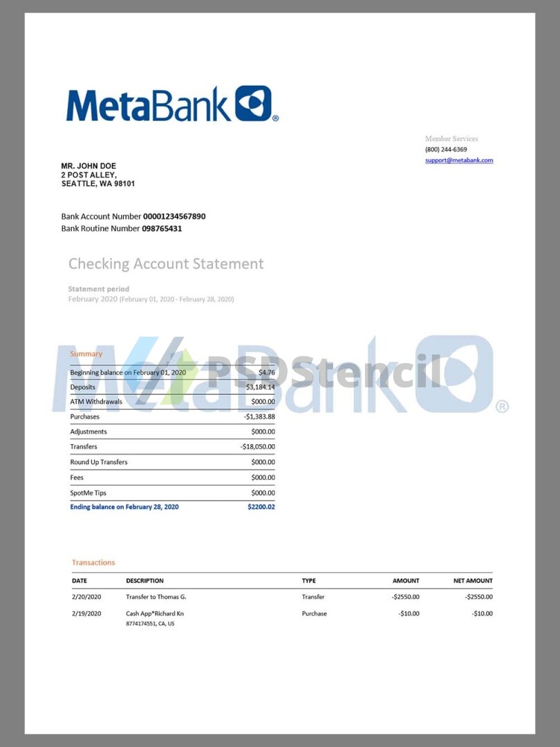 美国Metabank Statement银行账单/KYC地址证明word模板