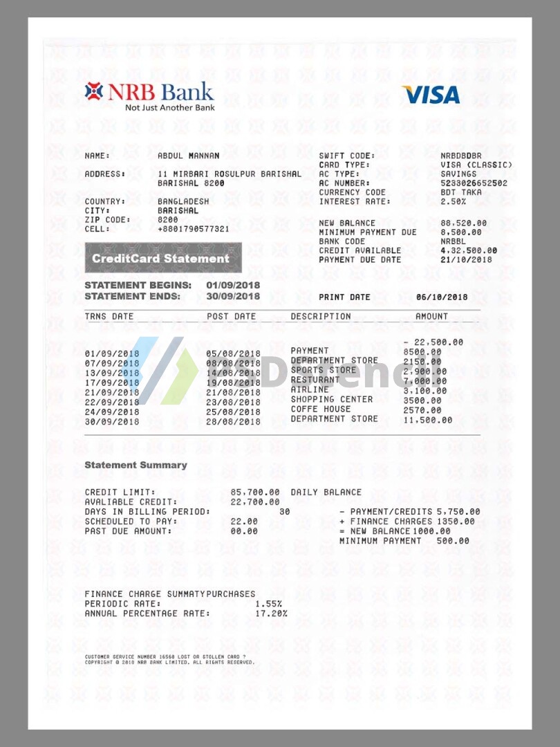 南亚|孟加拉Bangladesh NRB Bank Visa Credit Card 银行信用卡账单/KYC地址证明pdf模板