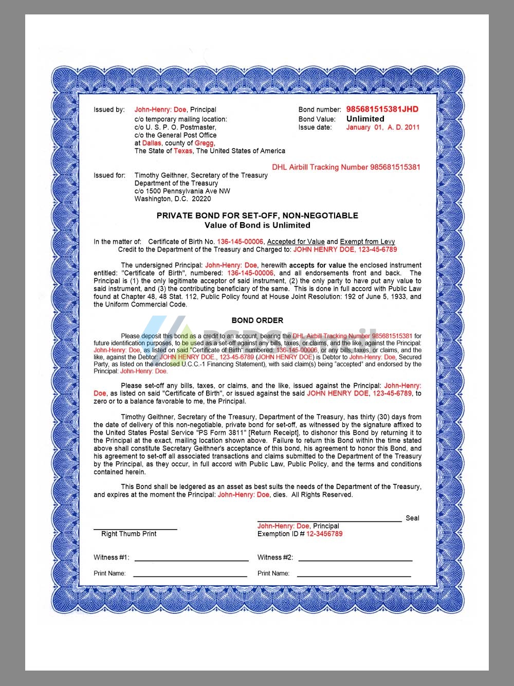 USA Private Bond for Set-Off美国私人抵销债券word模板