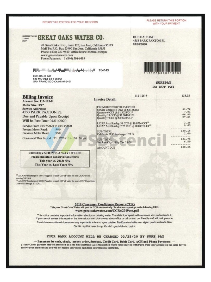 北美|USA California Great Oaks Water Utility Bills美国加州水电费账单pdf模板