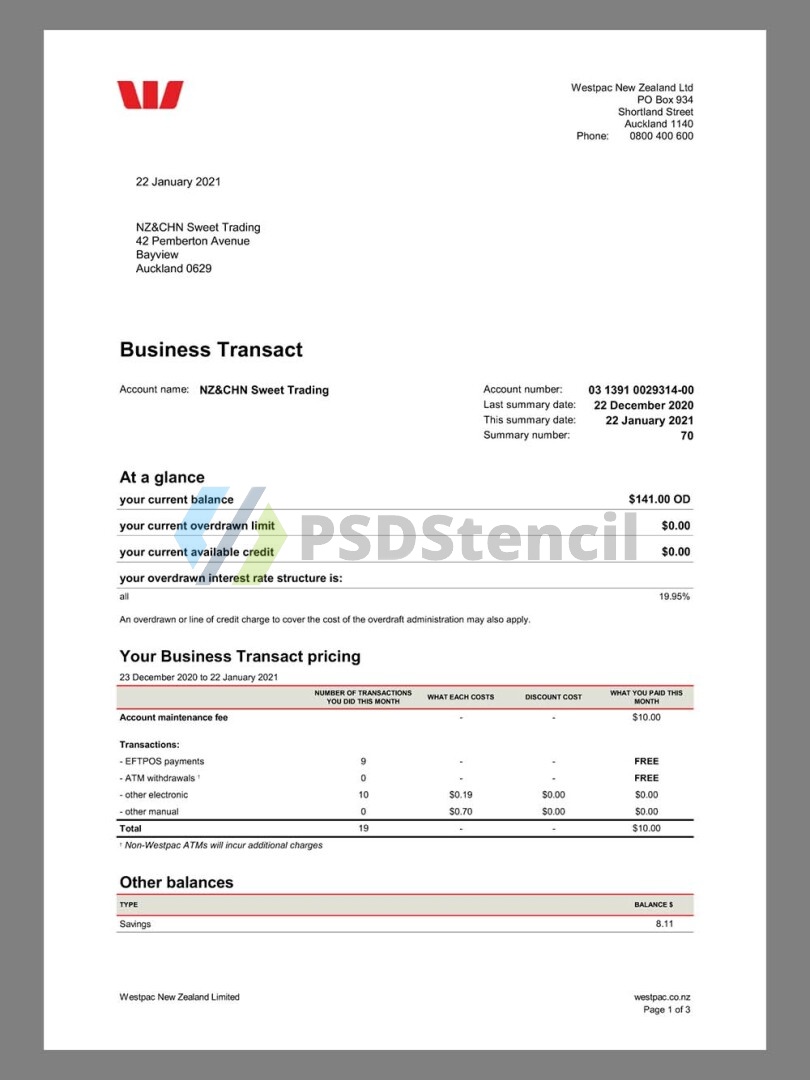 澳大利亚|新西兰New Zealand Westpac Bank Statement银行账单/KYC地址证明pdf模板