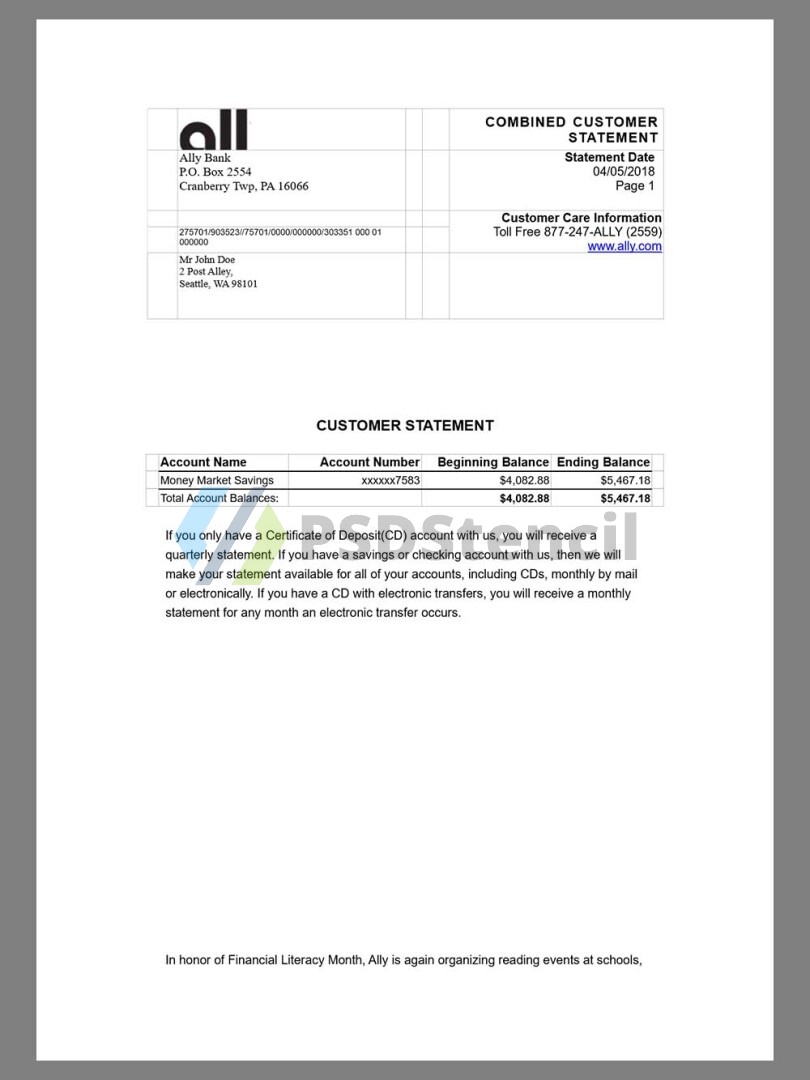 USA美国Ally Bank Statement银行账单/KYC地址证明psd模板