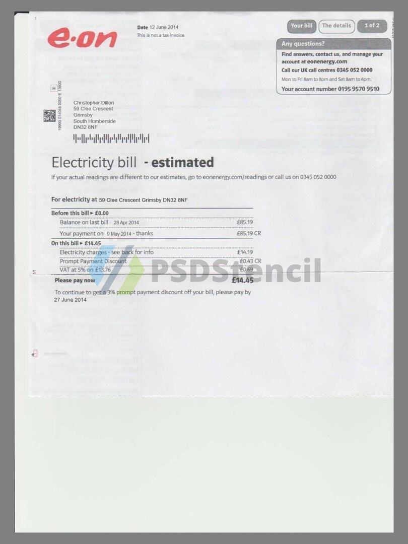欧洲|英国UK E.On Electricity Utility Bills水电费账单/KYC地址证明psd模板