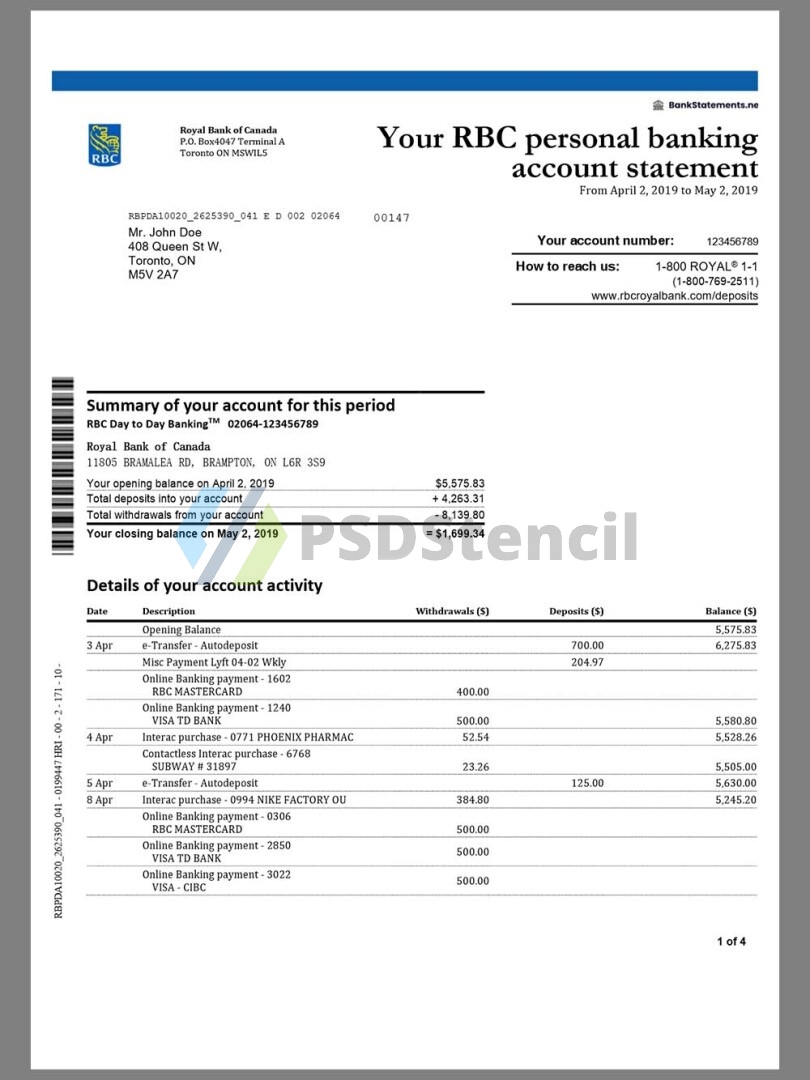 加拿大Canada RBC Bank Statement银行账单/KYC地址证明word模板