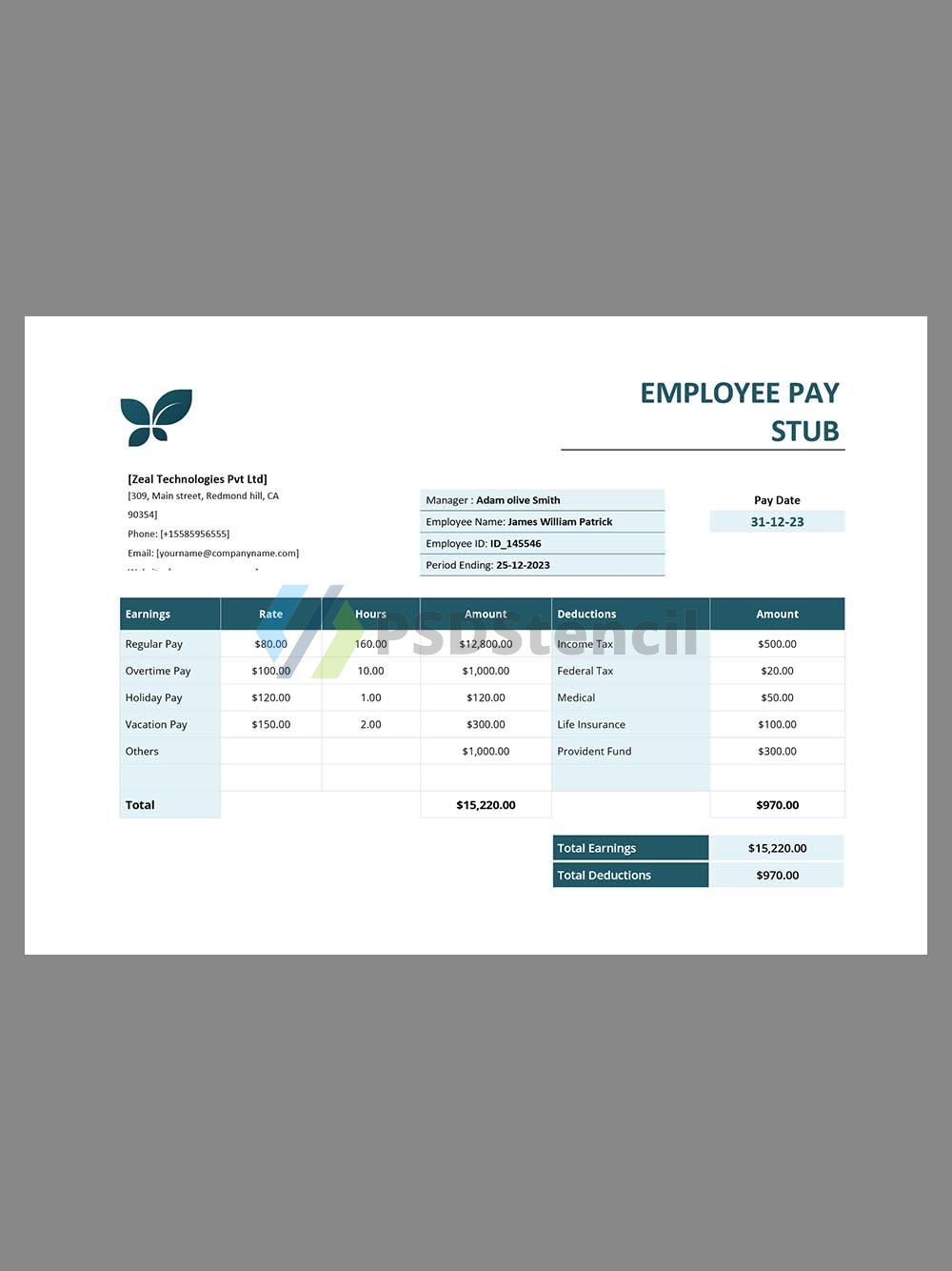 Zeal Technologies Paystub template软件公司收入证明/工资账单Word模板