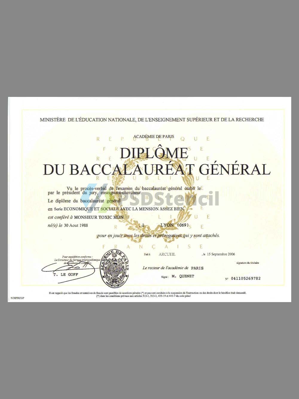France University Diploma Certificate法国大学学位证书PS/PSD模板(V3)