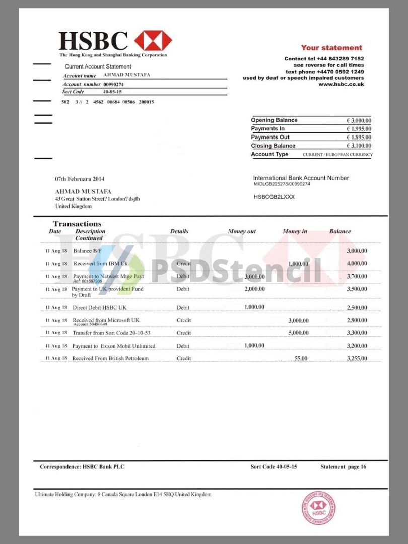 汇丰HSBC Bank Statement银行账单/KYC地址证明psd模板 V2